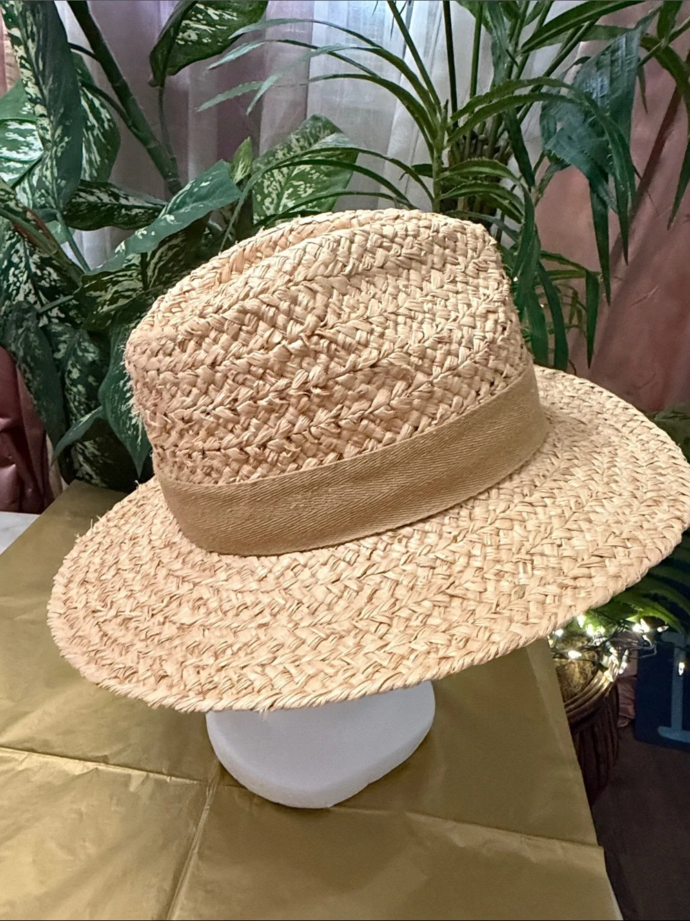 Natural Straw Fedora Hat with Light Tan Band